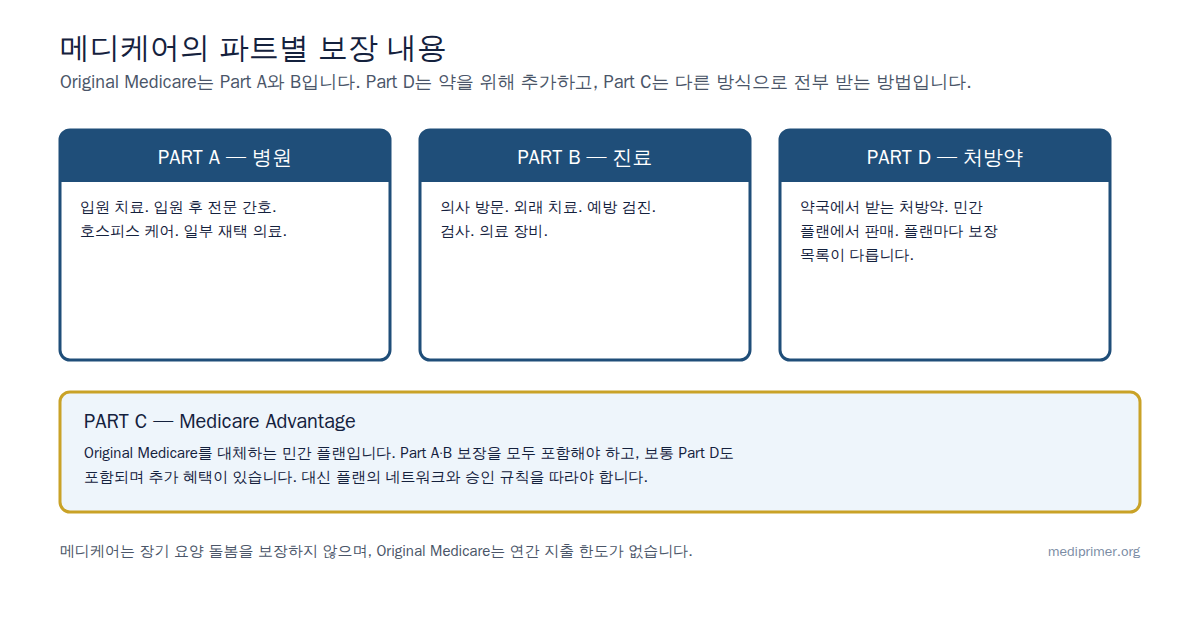 Part A는 병원 치료, Part B는 의사 진료와 외래 치료, Part D는 처방약을 보장합니다. Part C(Medicare Advantage)는 이를 묶은 민간 플랜입니다.