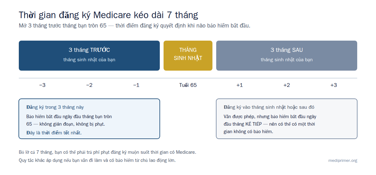 Một khung thời gian 7 tháng. Ba tháng trước tháng sinh nhật 65 tuổi là thời điểm tốt nhất để đăng ký, vì bảo hiểm bắt đầu ngay tháng bạn tròn 65. Tháng sinh nhật và 3 tháng sau đó vẫn được phép đăng ký, nhưng bảo hiểm bắt đầu muộn hơn.